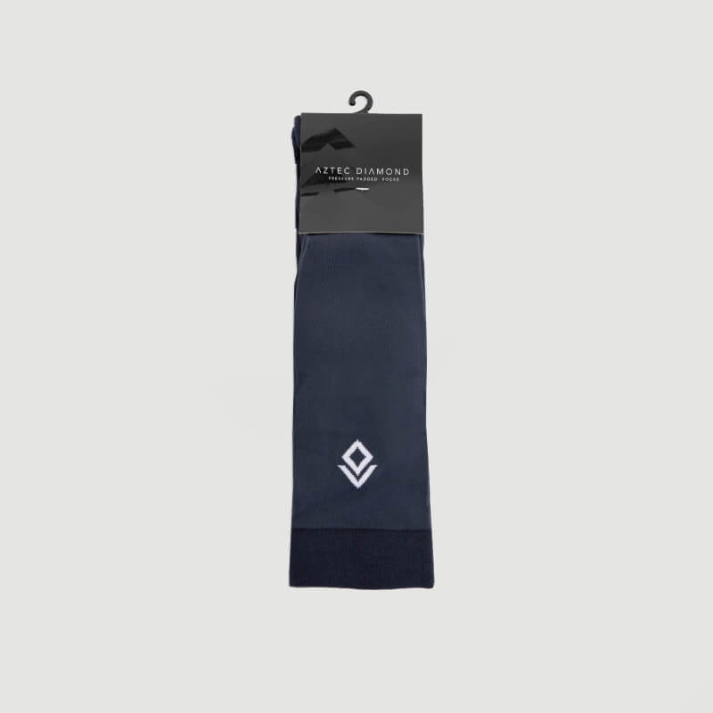 Aztec Diamond Pressure Padded Sock Navy 2pk, in packaging with white logo and black label.