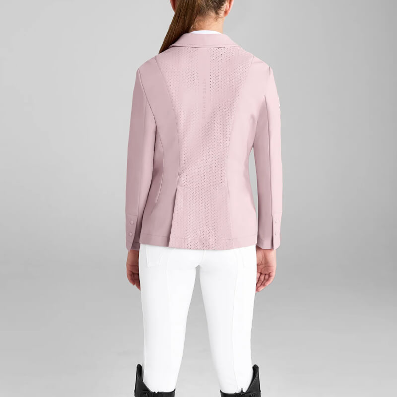 Back view: Aztec Diamond YR Competition Jacket Pink, worn with white pants against plain backdrop.