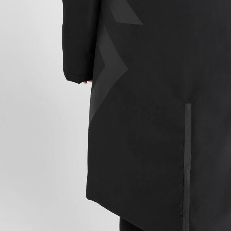 Aztec Diamond Black Fleece Lined Rain Jacket with angled patterns and a vertical lower seam.