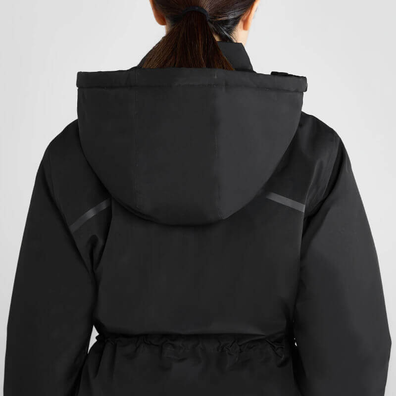 Model wearing Aztec Diamond Black Fleece Lined Rain Jacket, shown from the back.