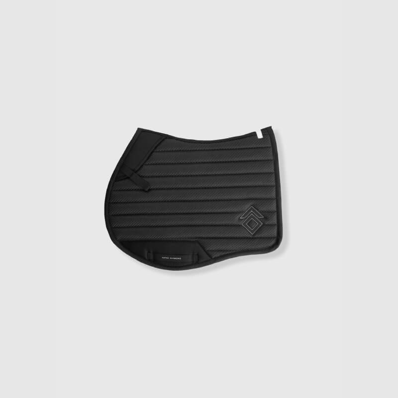 Aztec Diamond Mesh Saddle Cloth Jump Cut Black, quilted with logo on light gray background.