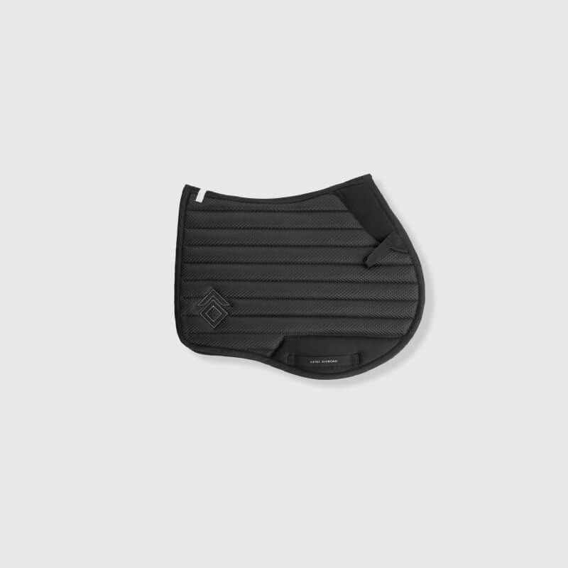 Aztec Diamond Mesh Saddle Cloth Jump Cut Black, shown quilted on a plain light grey background.
