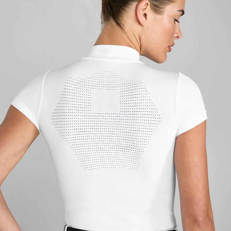 Woman in an Aztec Diamond 3D Woven Show Shirt White with perforated back, facing away.