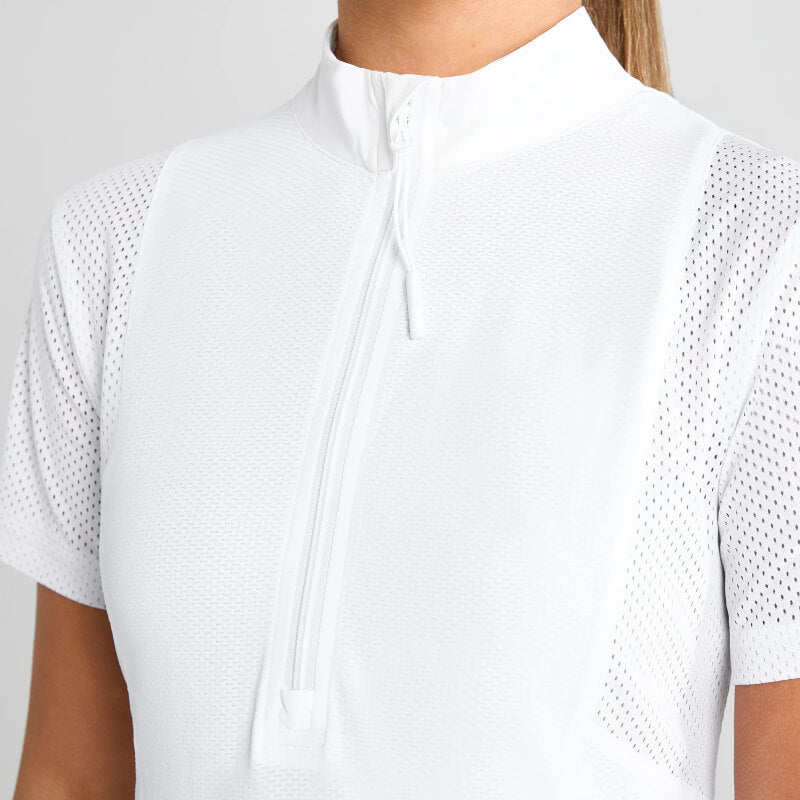 Close-up of a person in the Aztec Diamond YR Insert Mesh Shirt White with a sporty collared design.