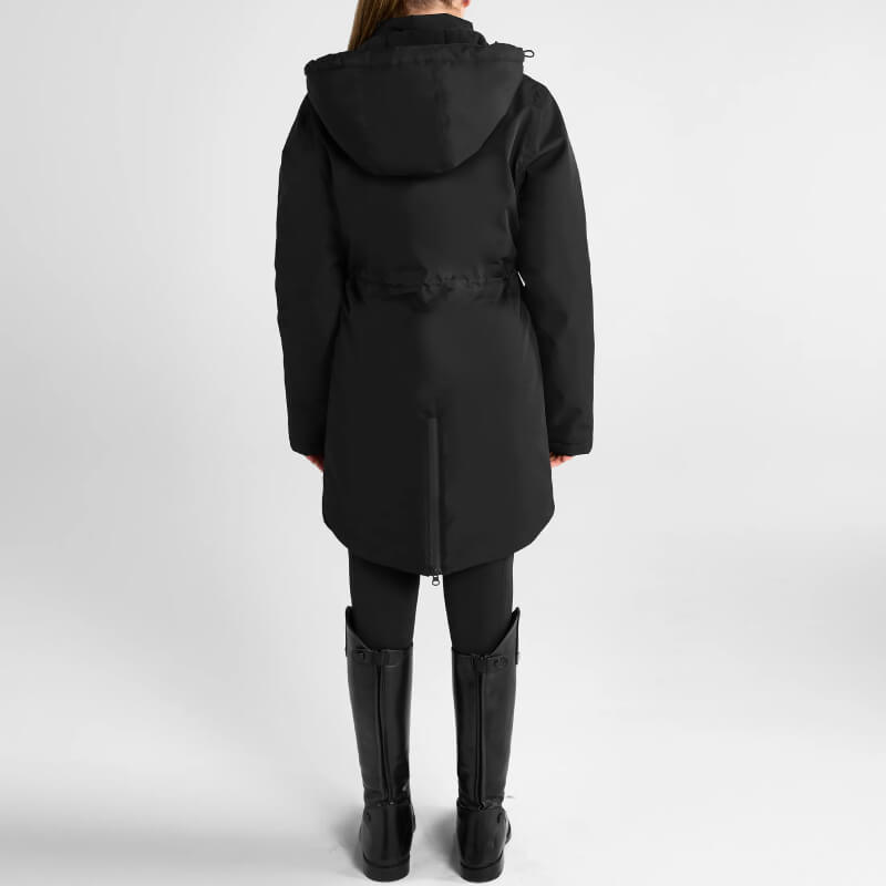 Hand in Aztec Diamond YR Fleece Lined Rain Jacket pocket; drawstrings, Velcro sleeve visible.