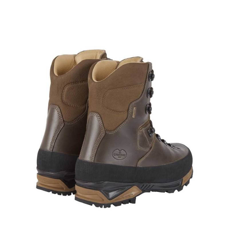 Le Chameau Mouflon 2.0 Extreme 10'' brown high-ankle boots with black Vibram soles, rear view.