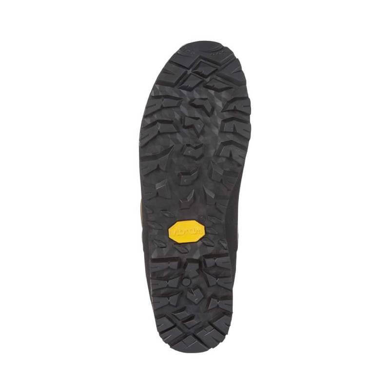 Black waterproof sole with rugged tread, yellow Vibram logo—Le Chameau Mouflon 2.0 Extreme 10''.