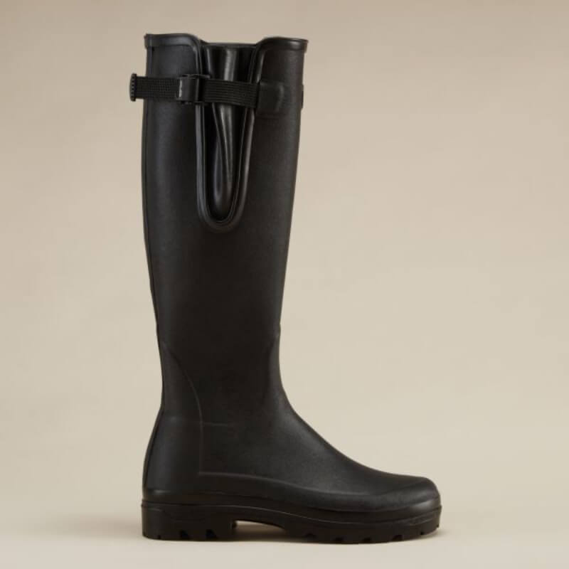Le Chameau Vierzonord Women's neoprene-lined black boot with side buckle on plain background.