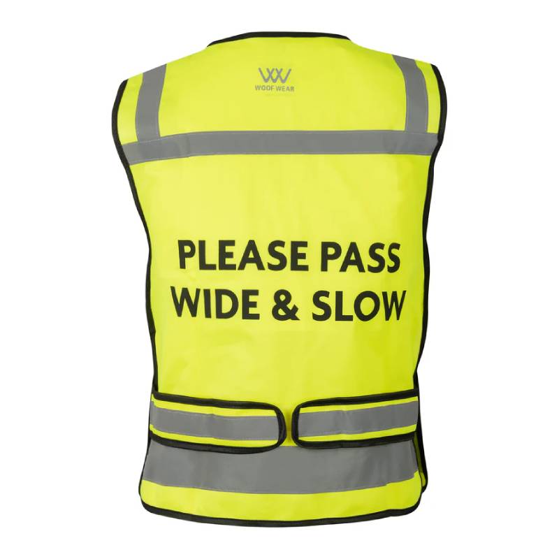 Woof Wear Hi Vis Riding Vest Junior Yellow with reflective stripes and black front zipper.