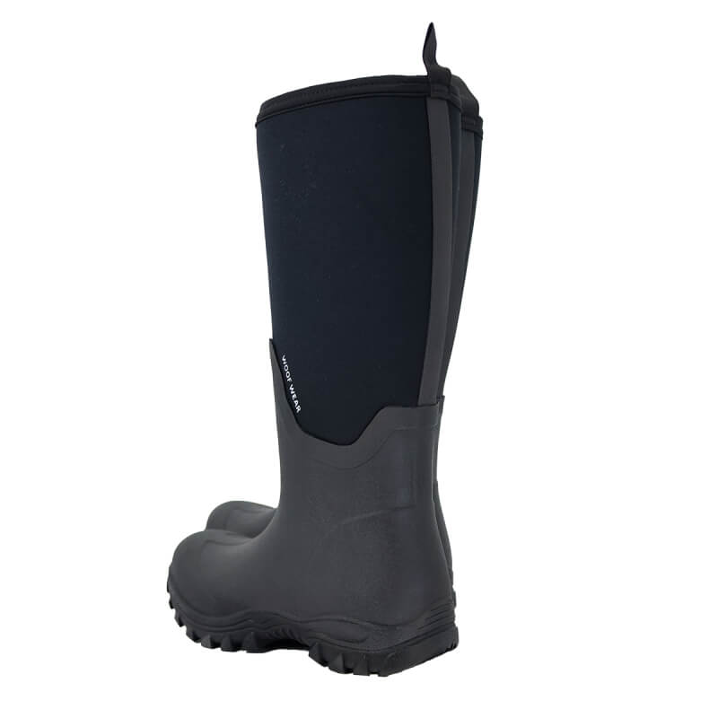 Woof Wear Long Work Boot Black, shown upright from the back and left side.