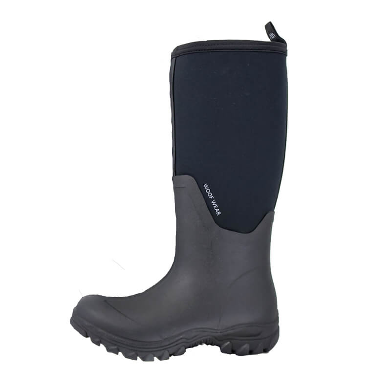 Woof Wear Long Work Boot Black shown side-on, featuring a rugged sole and neoprene material.
