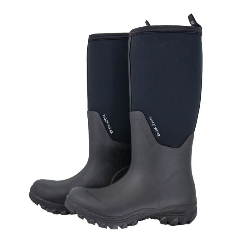 Woof Wear Long Work Boot Black: tall neoprene boots, rugged soles, waterproof protection.