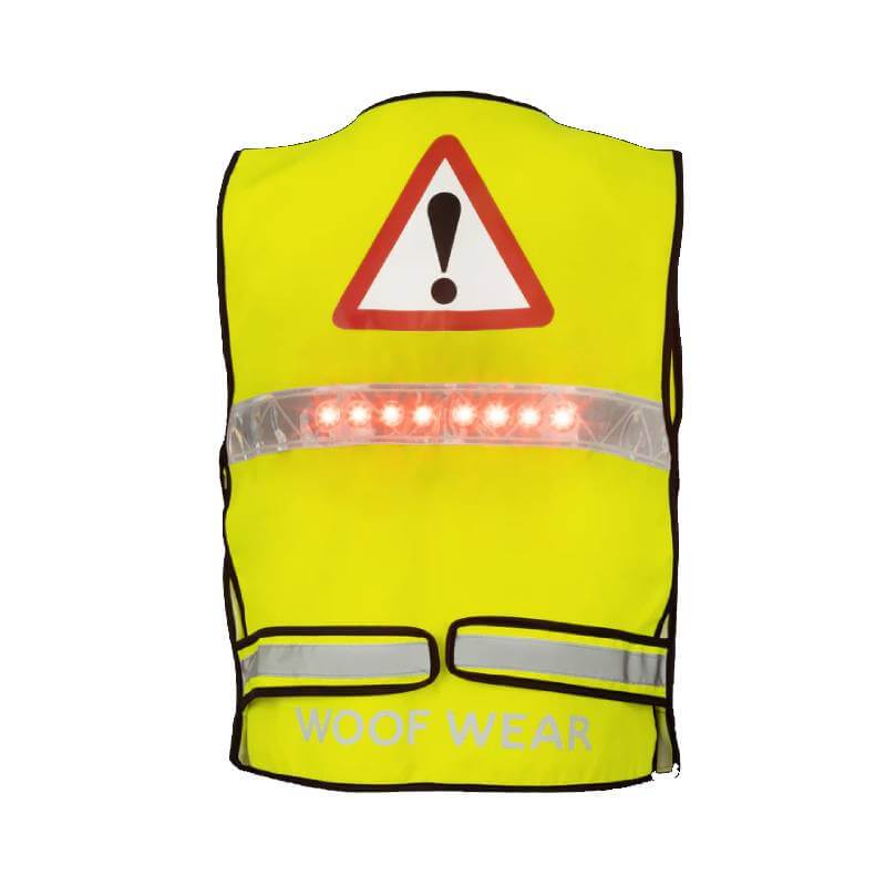 Woof Wear LED Hi Vis Riding Vest Yellow with back lights and exclamation sign.