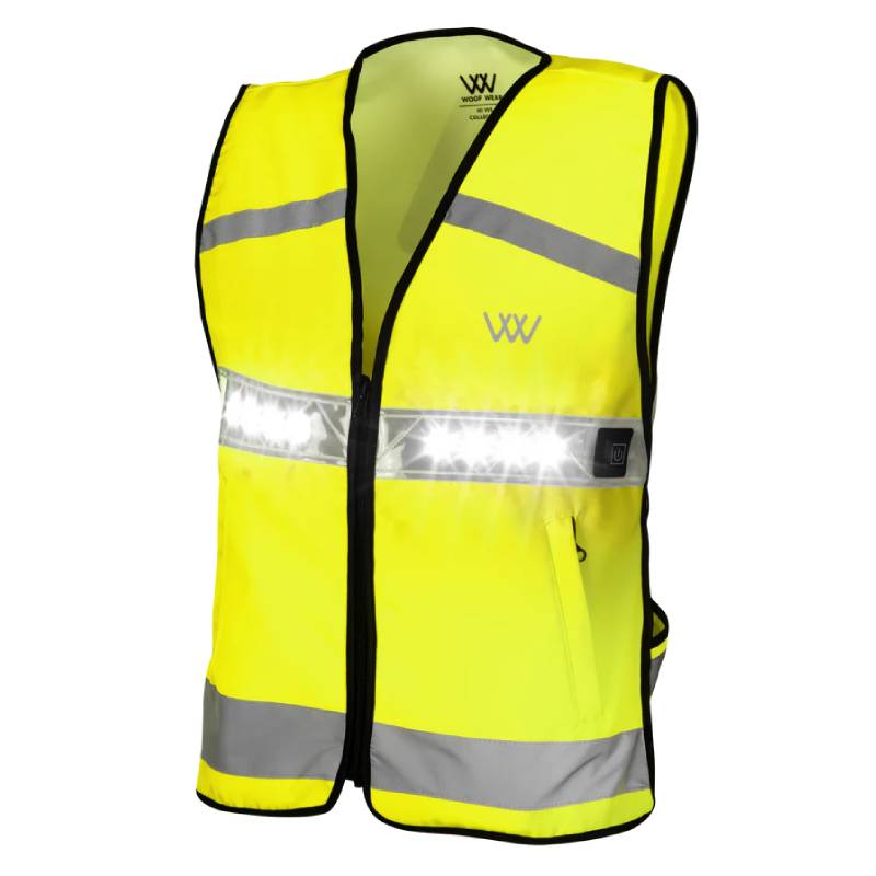 Woof Wear LED Hi Vis Riding Vest Yellow offers reflective stripes and LED light for safety.