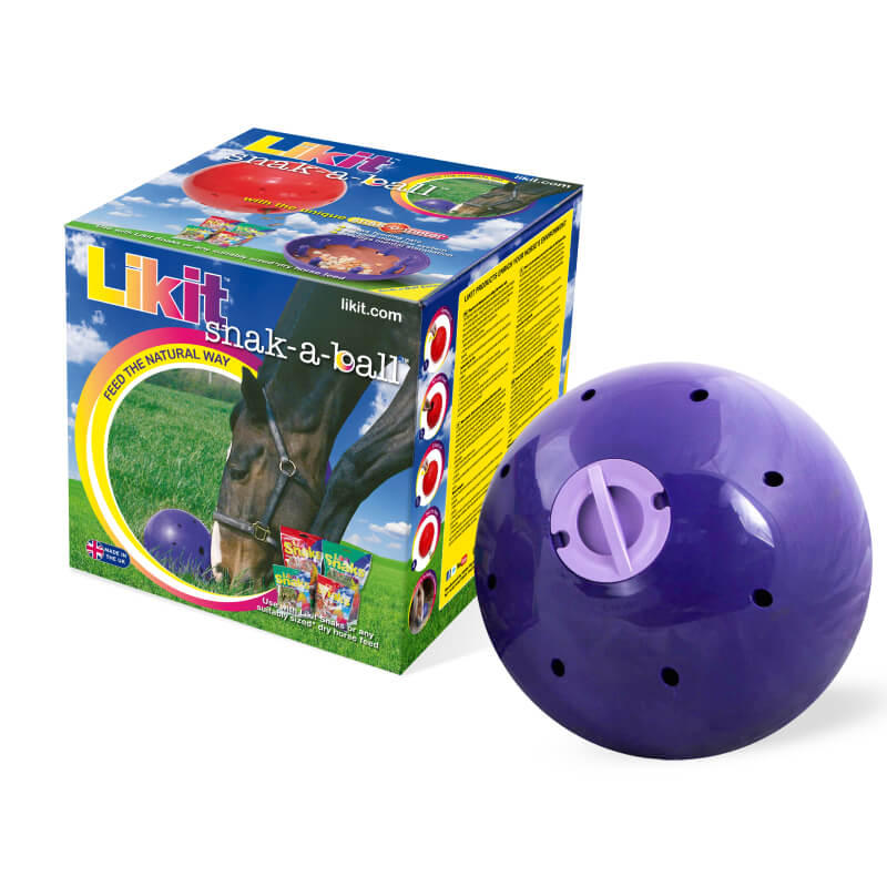 Likit Snak A Ball horse toy by Likit shown with packaging, used by a horse on grass.