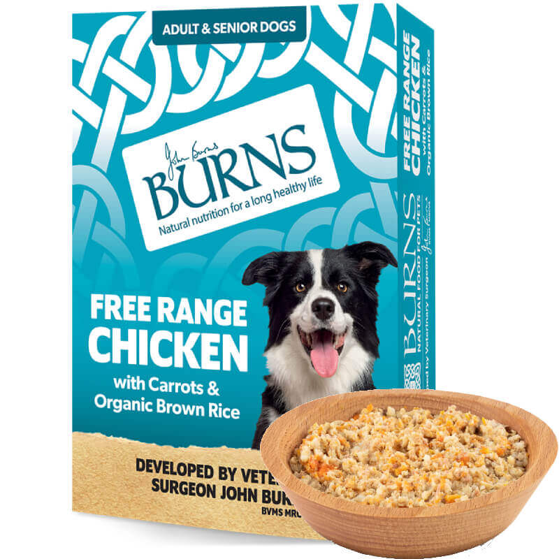 Burns Penlan Tray Range Chicken 8x395g with a bowl of free range chicken dog food in front.