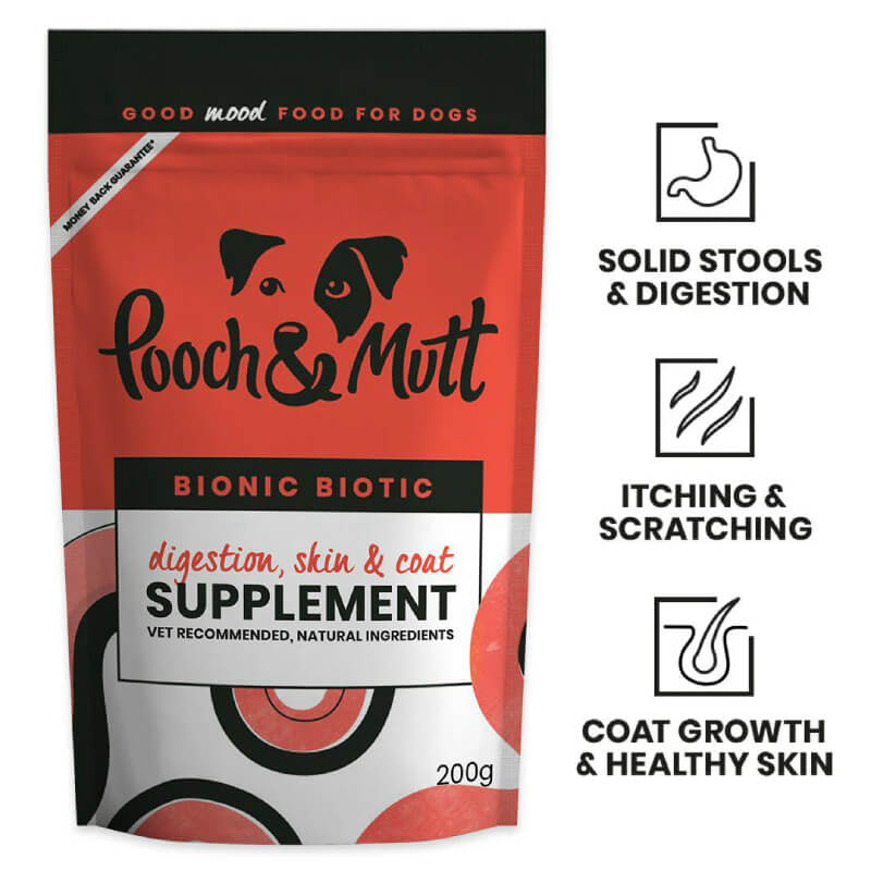 Red and white Pooch & Mutt Bionic Biotic 200g with icons for healthy skin and probiotics for dogs.