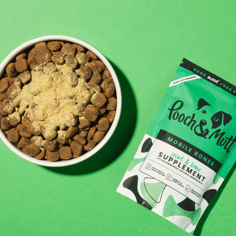 Green and white Pooch & Mutt Mobile Bones 200g joint supplement for dogs, with joint icons.