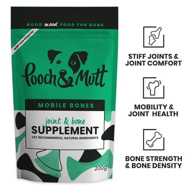 Green and white Pooch & Mutt Mobile Bones 200g joint supplement for dogs, with joint icons.