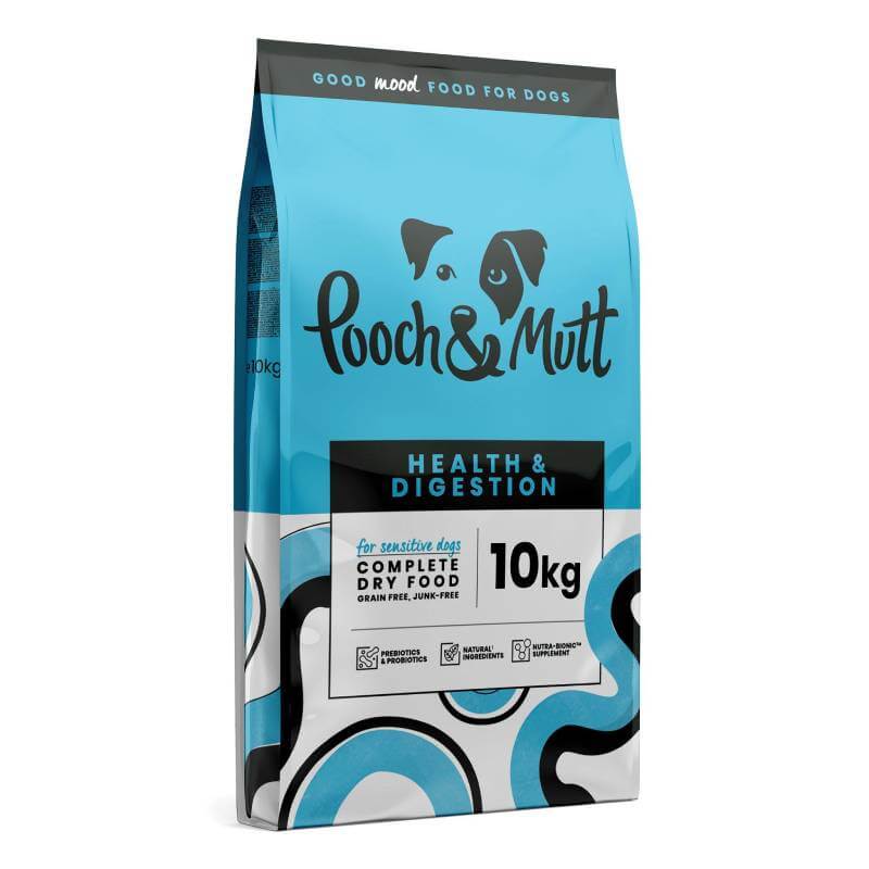 Blue and white 10kg Pooch & Mutt Health & Digestion Premium Dog Food for sensitive stomachs.