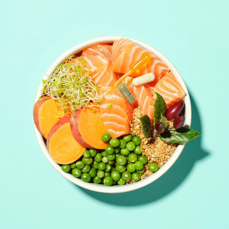 Bowl with salmon, sweet potato, peas, sprouts, flaxseeds, grapes & Pooch & Mutt Joint Care food.