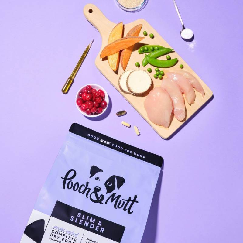 Pooch & Mutt Slim & Slender grain-free dog food with chicken, sweet potato, and cranberries.