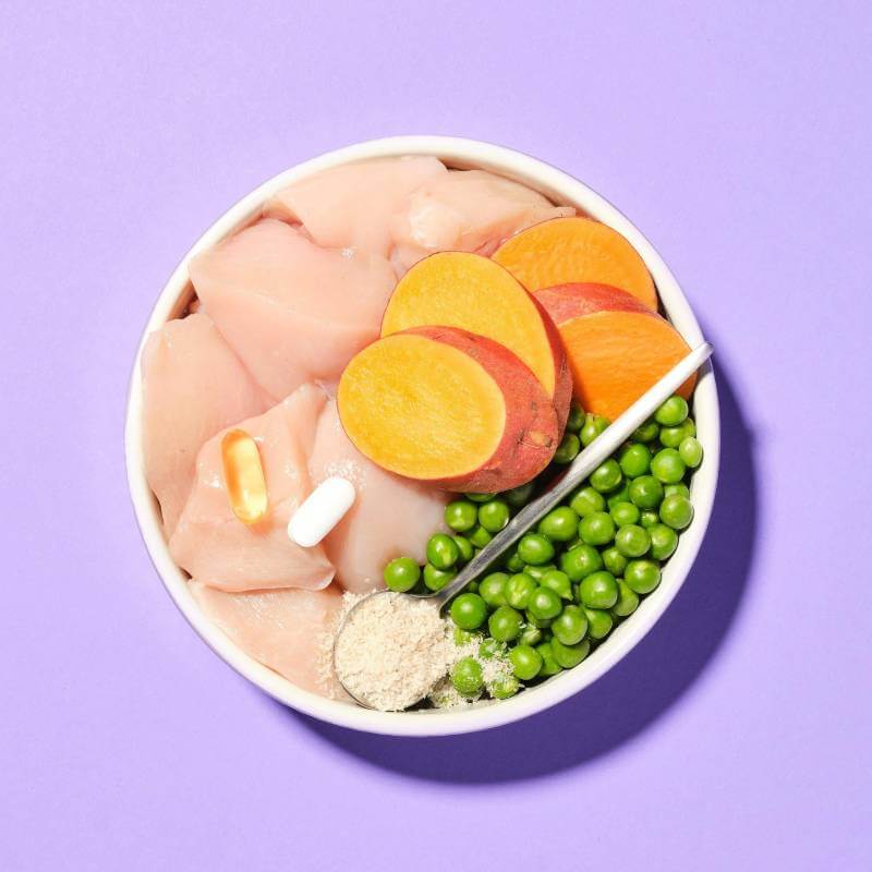 Pooch & Mutt Slim & Slender: Grain-free dog food with chicken, sweet potato, peas, and capsules.