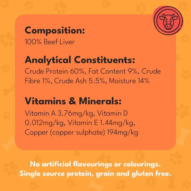 Pet Munchies Beef Liver Crunch 90g label lists ingredients, nutrients, and notes it's grain/additive free.
