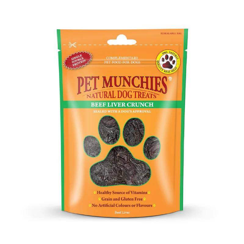 Pet Munchies Beef Liver Crunch 90g dog treats with a paw print window.