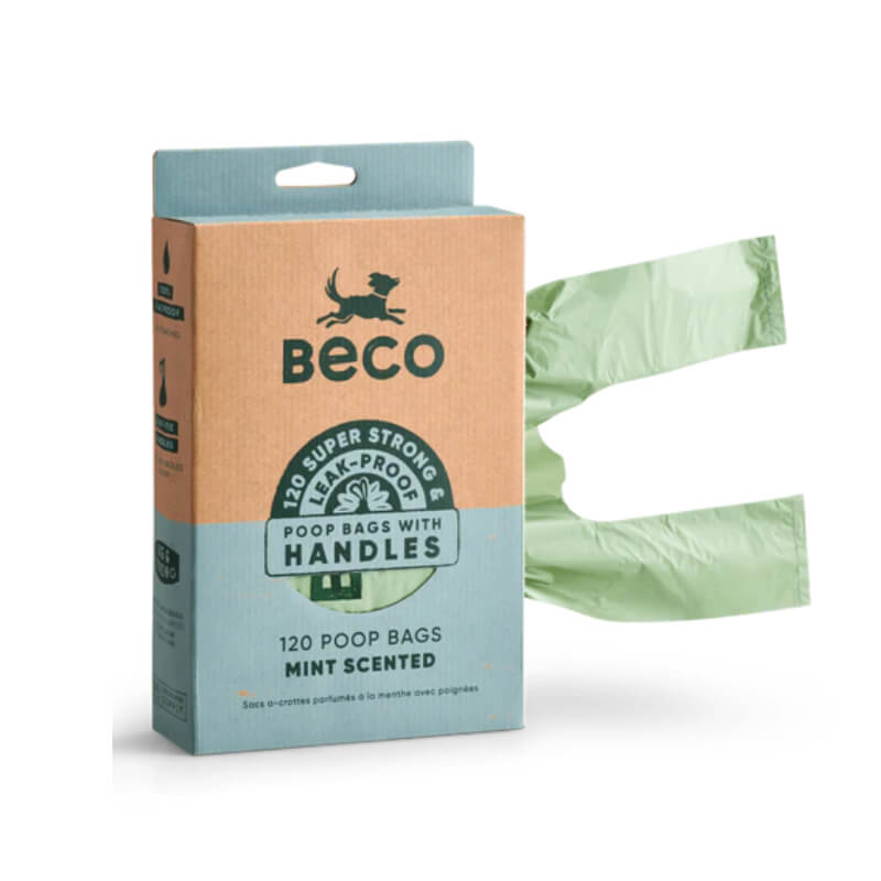 Beco Large Mint Scented Poop Bags with Handles, one green bag shown, made from recycled material.