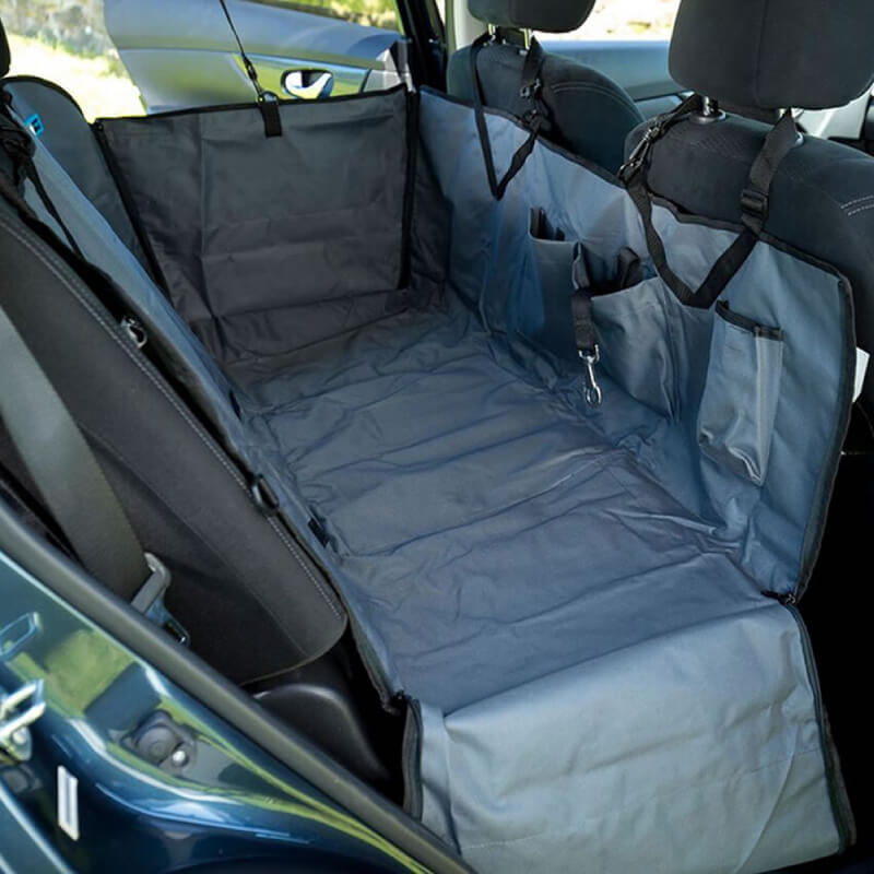 Henry Wag Pet Car Hammock: gray, with side flaps & pockets—ideal dog travel accessory.