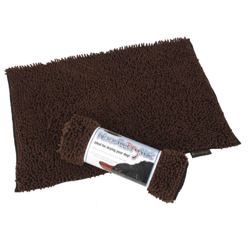 Scruffs Noodle Dry Mat 90x60cm, assorted colour, shown flat and rolled with label.