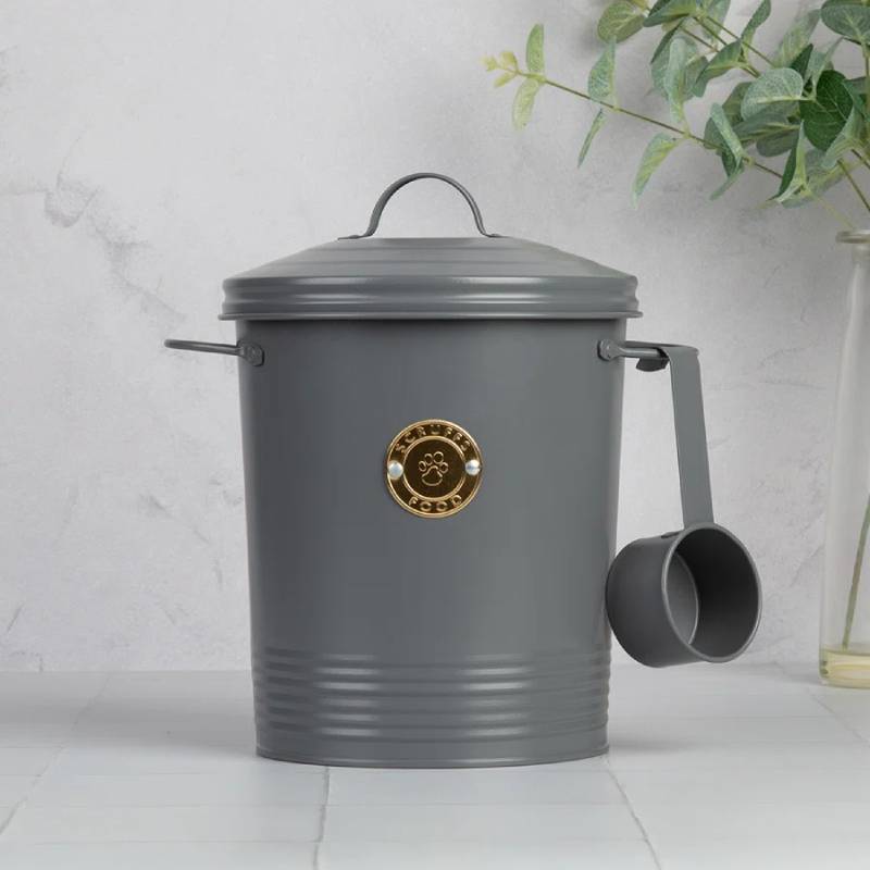 Scruffs Cantina Pet Food Canister & Scoop, Dark Grey, 4Ltr, on white countertop.