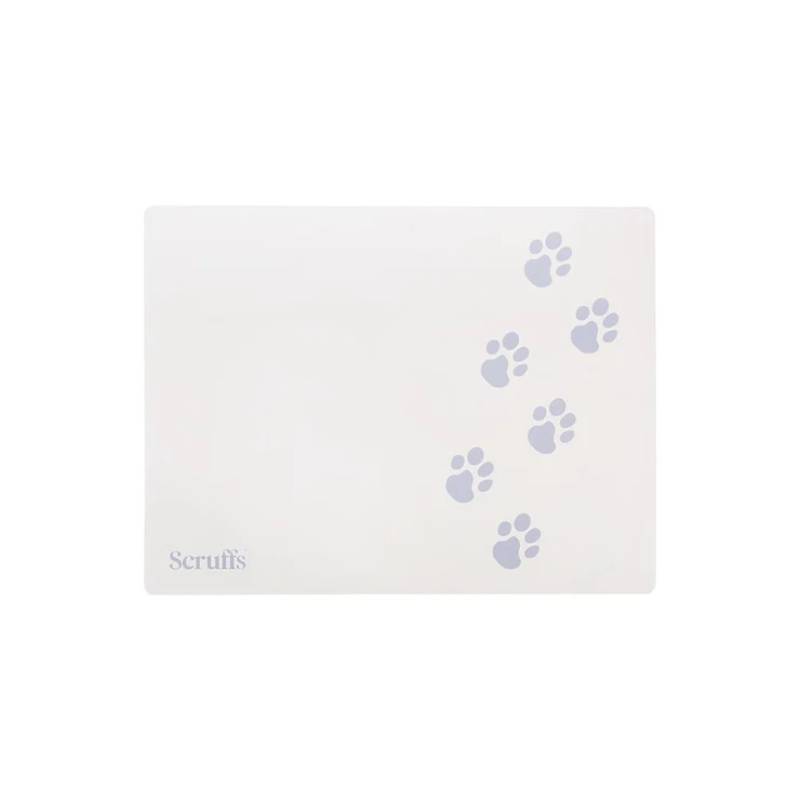 Cream Scruffs pet placemat 40x30cm with gray pawprints and logo in the bottom left corner.
