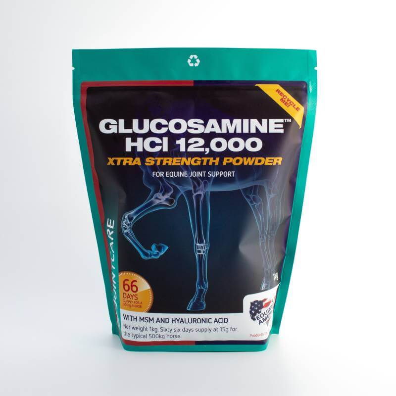 Equine America Glucosamine HCI 12000 Extra Strength 1kg supports horse joint health.