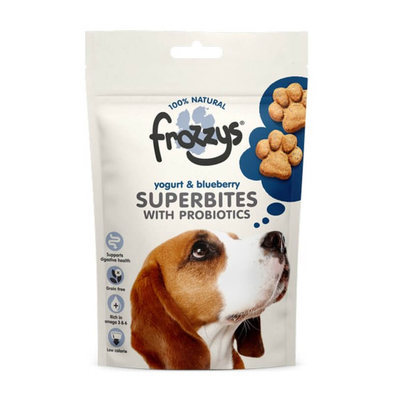 Beagle eyes Frozzys Superbites with Probiotics, Yogurt & Blueberry 100g dog treat bag.