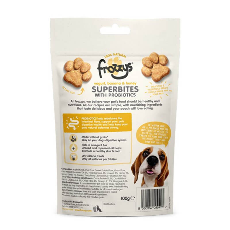 Frozzys Superbites with Probiotics, Yogurt, Banana & Honey 100g dog treats.
