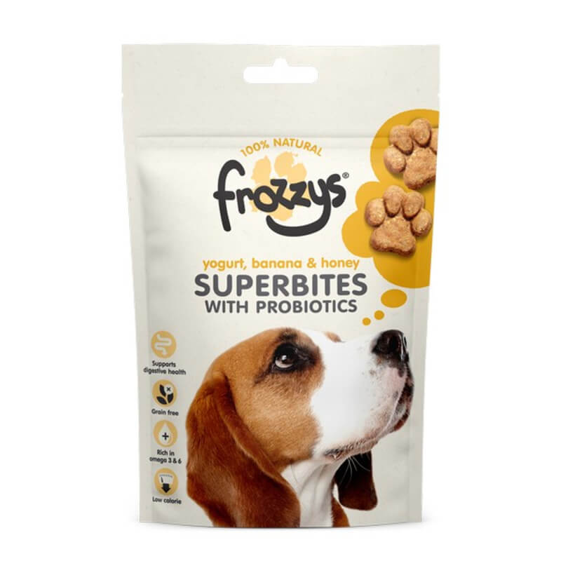 Frozzys Superbites with Probiotics Yogurt, Banana & Honey 100g dog treats pack shown.