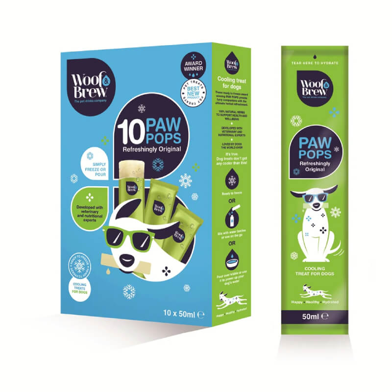 Woof & Brew PawPops 10x50ml box plus one herbal dog ice pop with cartoon dog design.