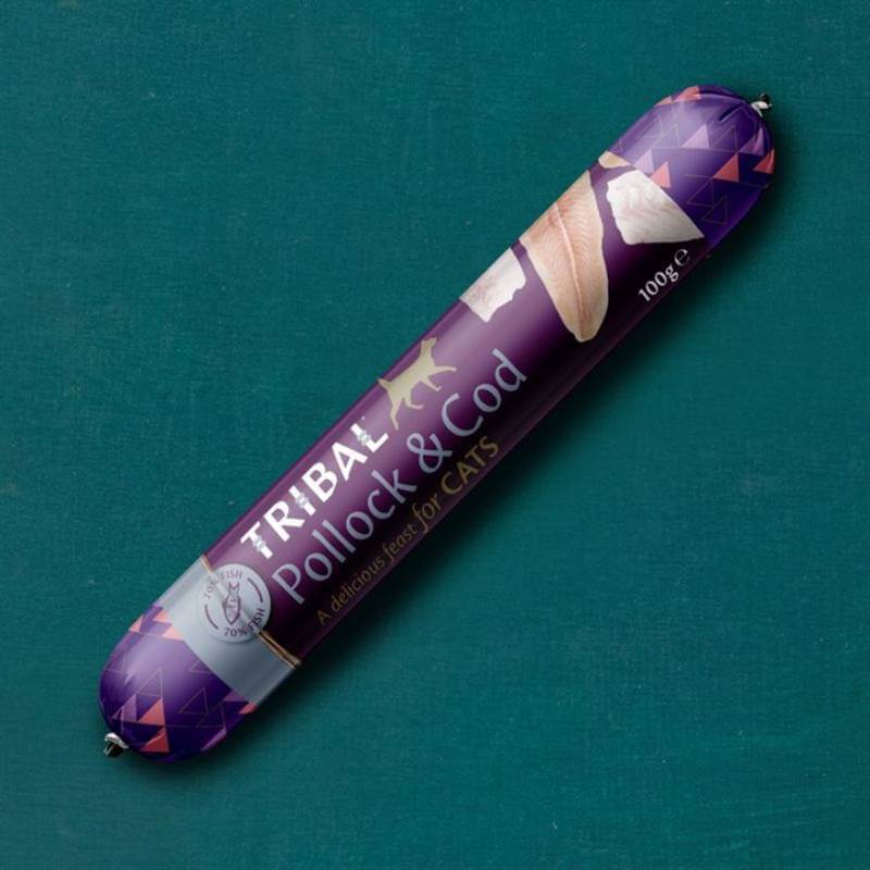 Tribal Cat Sausage 100g: high-protein cat food in a purple tube on a teal background.