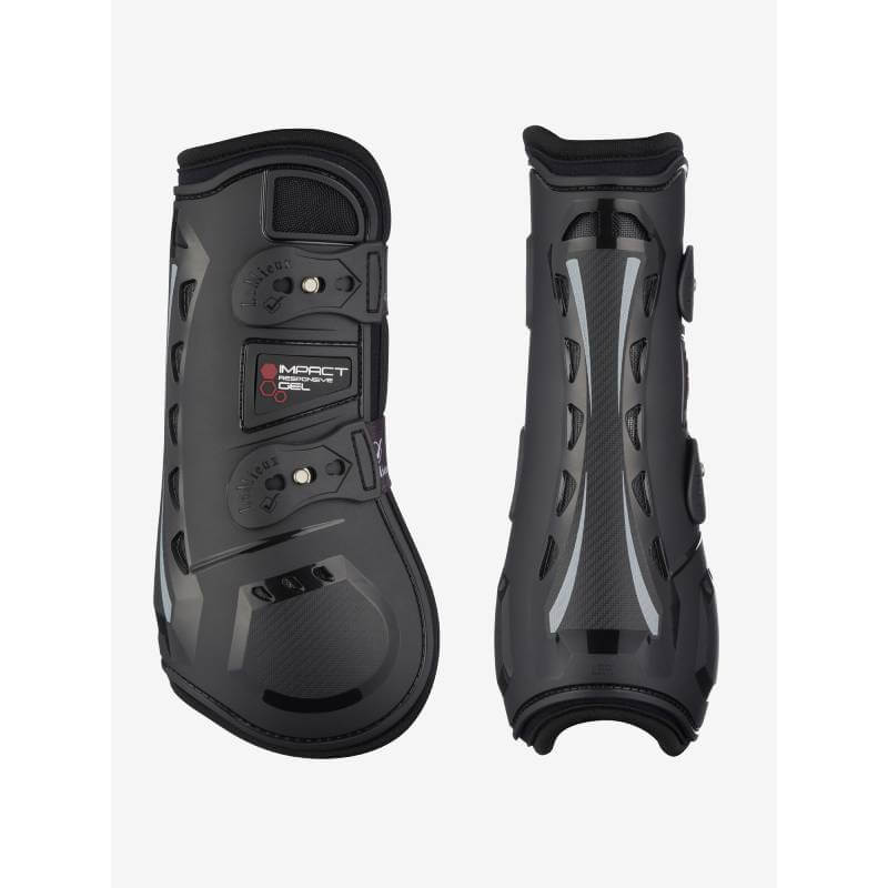 LeMieux Impact Responsive Tendon Boots in black/grey with straps offer vented protection.