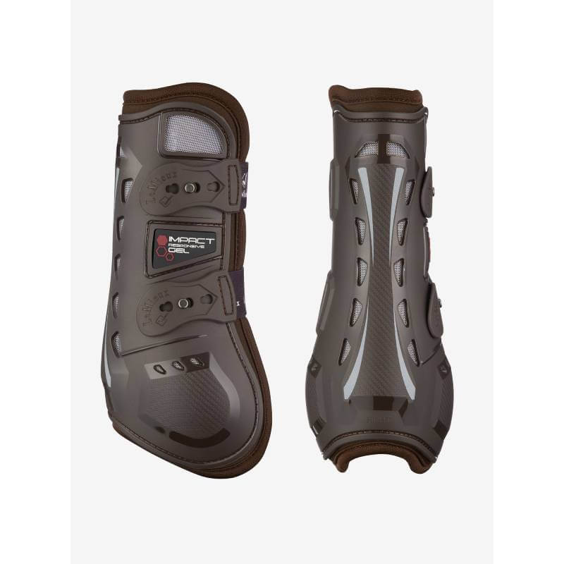 Two LeMieux Impact Responsive Tendon Boots in brown with gel padding, side and back views.