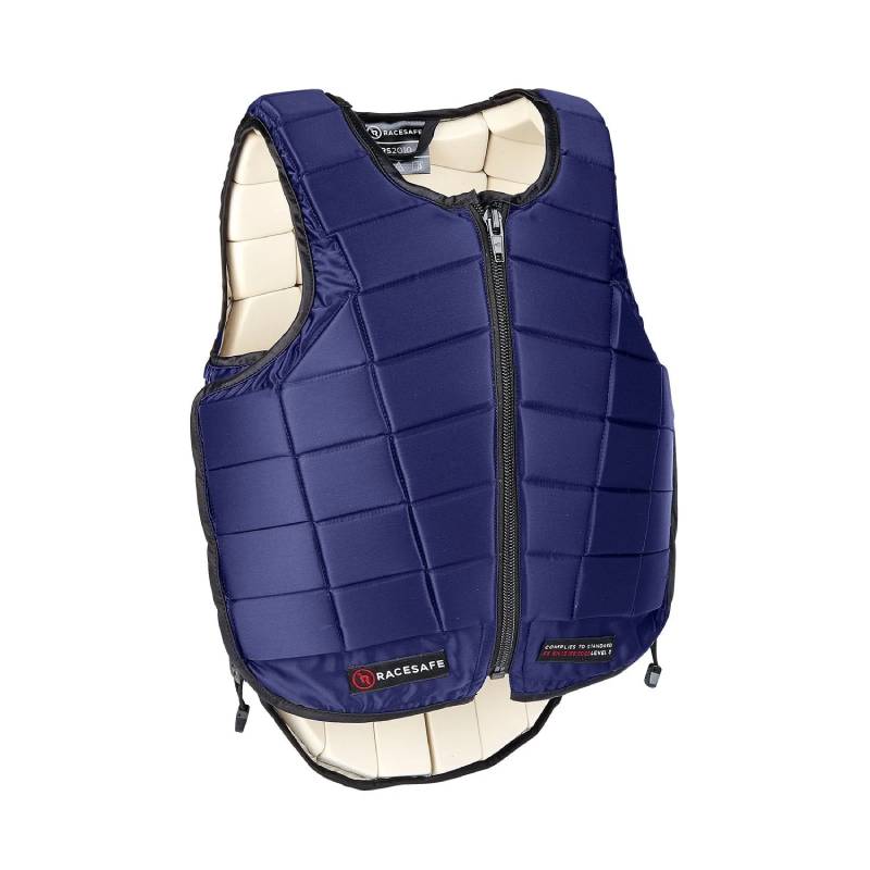 Racesafe RS2010 blue child's body protector with front zipper and visible interior paneling.