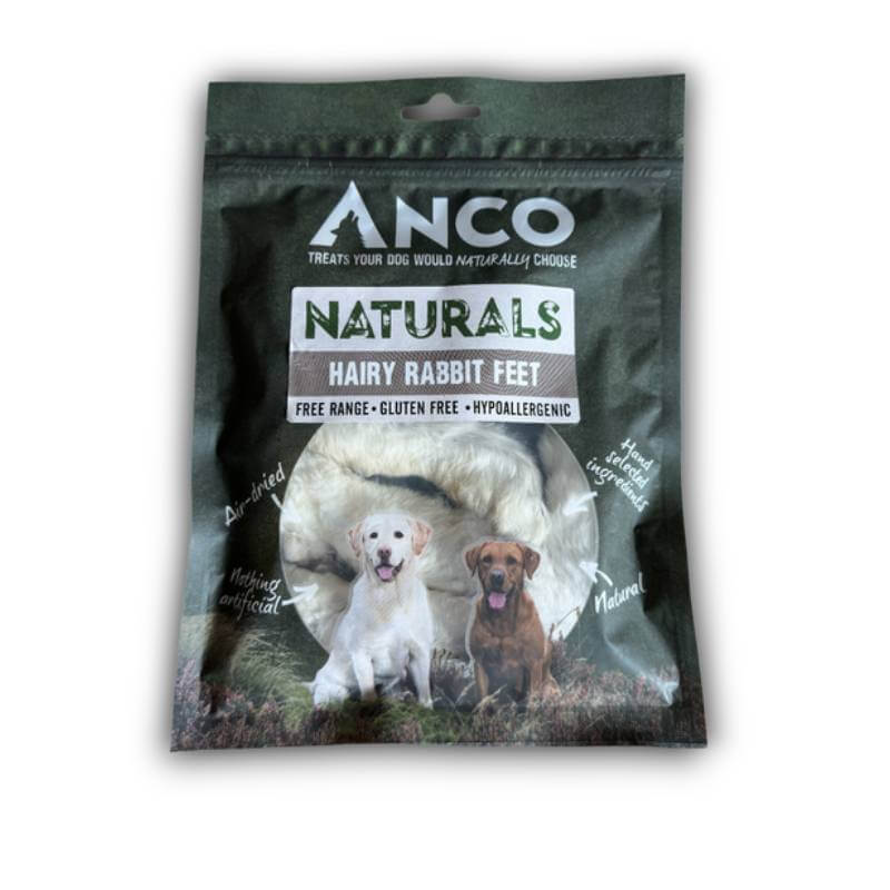 Anco Naturals Hairy Rabbit Feet 100g—single-protein dog treat for digestive health.