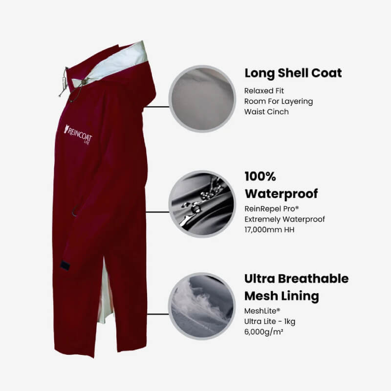 Side view of Reinwear Reincoat Lite Adult Burgundy, a breathable, waterproof, lightweight jacket.