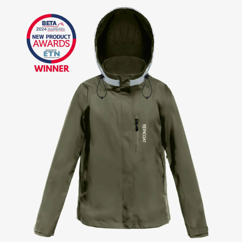 Reinwear Reincoat Air Adult Olive raincoat with hood and chest zip, on white background.