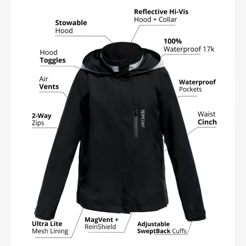 Reinwear Reincoat Air Adult Olive: olive raincoat with hood, mesh lining, zips, and labeled pockets.