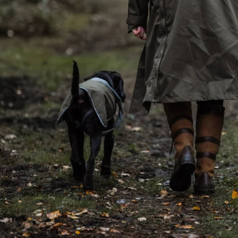 Person in boots walks outside with a black dog in a Reinwear Reincoat Dog Olive on a leafy path.