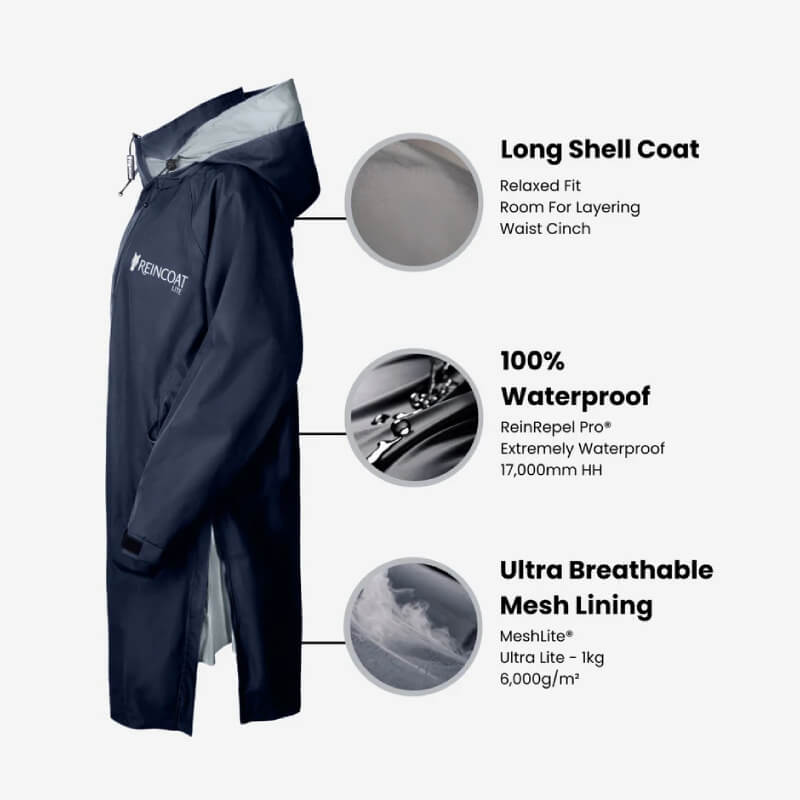 Reinwear Reincoat Lite Adult Midnight Navy: long shell, waterproof, breathable mesh lining.
