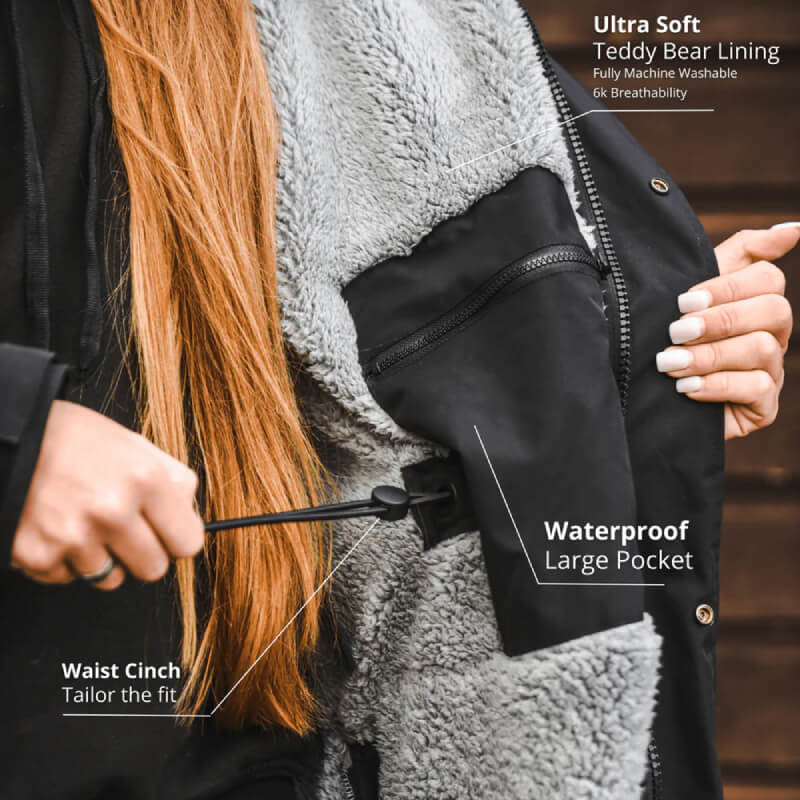 Woman adjusts waist cinch on Reinwear Reincoat Pro Adult Midnight Navy rain jacket.